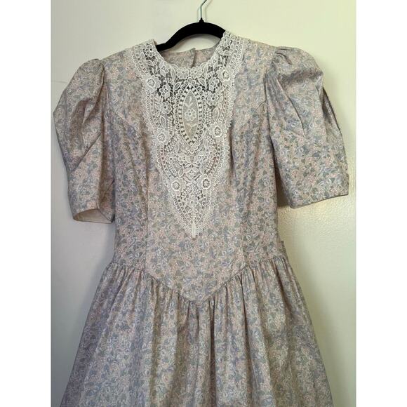 Vintage 80’s Jessica McClintock Designer Grey White Bow Floral Romantic Dress XS - Picture 3 of 8